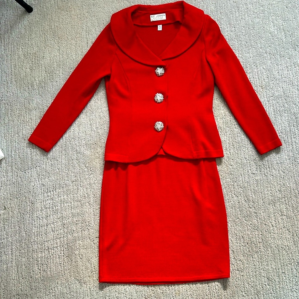St John Evening Wear Skirt Suit adorned w/ silver & crystal buttons.